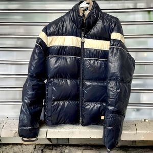 The Bomb Boogie Co Italy Puff Jacket Winter Coat Size L Navy Blue White Stripe